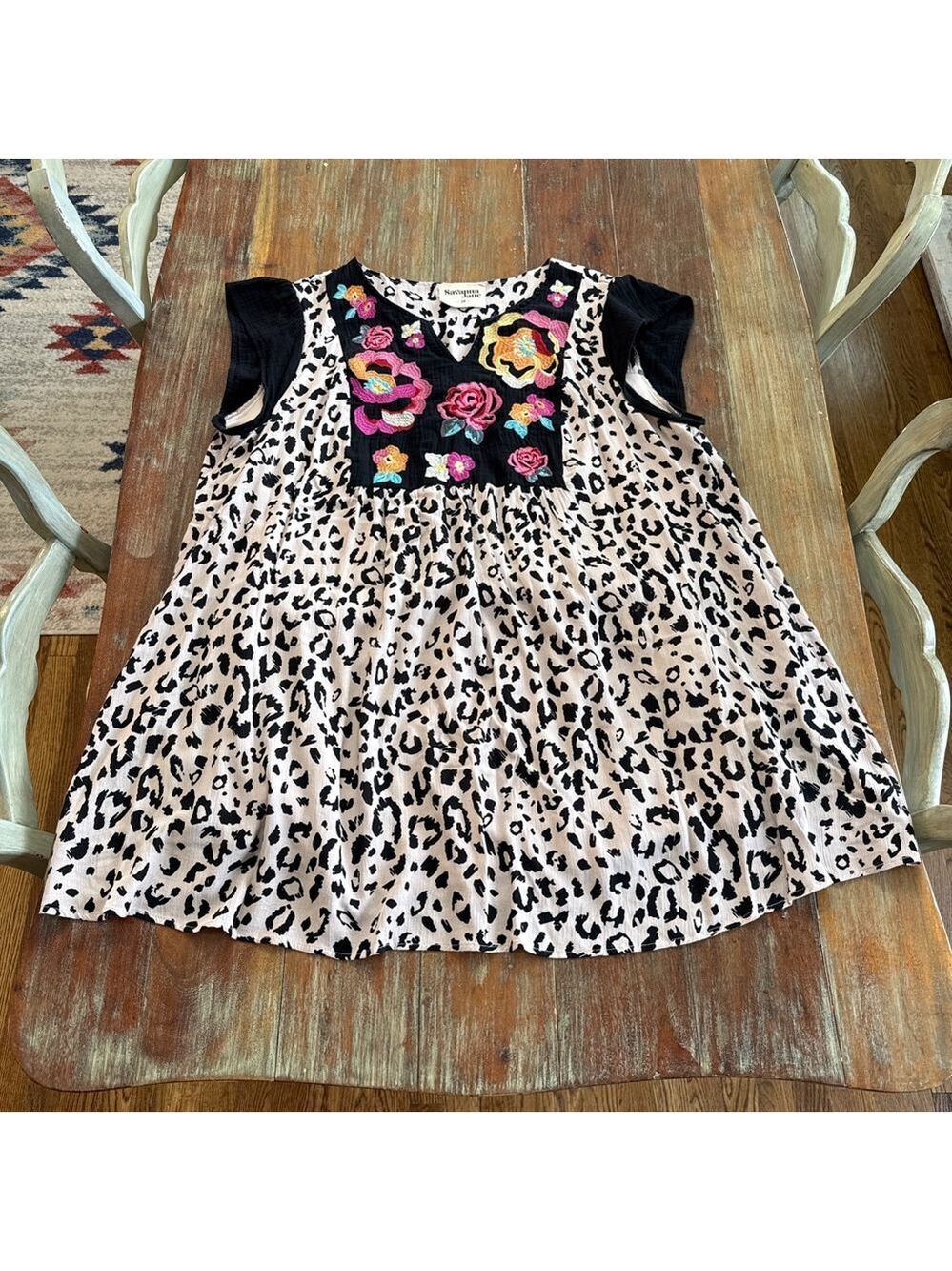 Savanna Jane Mini Dress 2X Beige Black Leopard Floral Multicolor Embroidery Boho - Picture 1 of 16